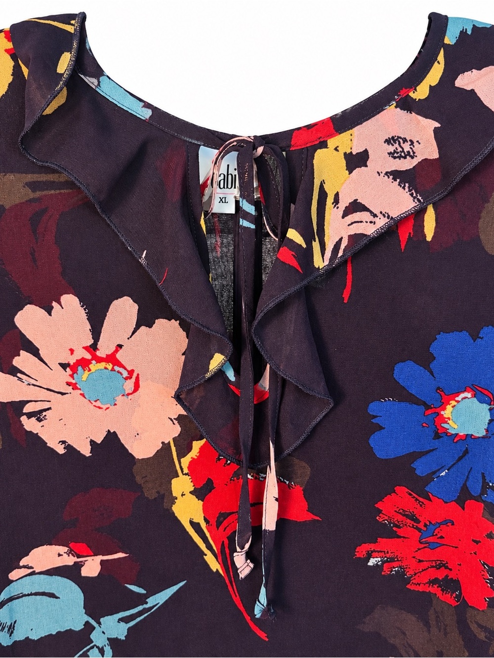 CAbi Floral Ruffle Neck Blouse in Navy with Blue, Red, Pink & Yellow Accents